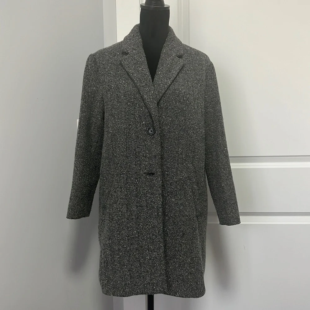 Zara Gray Herringbone Wool Blend Girls Long Coat with pockets size 13-14 164cm